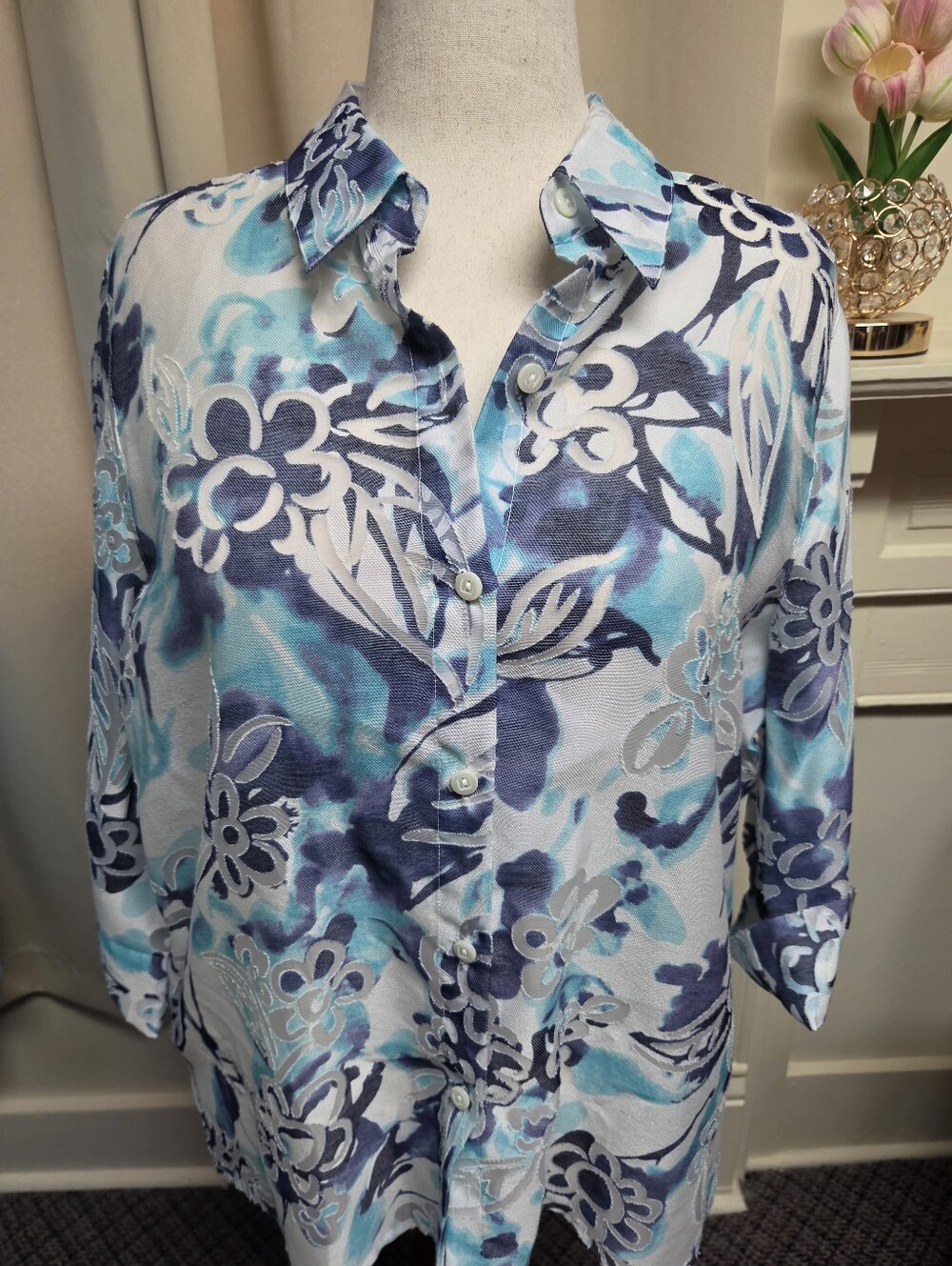 Alfred Dunner Lightweight Blue Floral Button-Front Women's Top Size 18